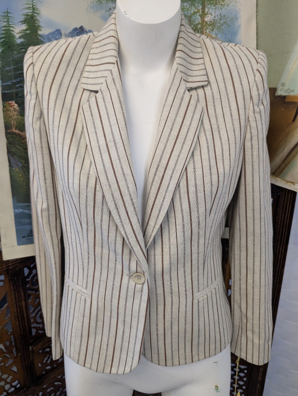 Saville Striped Cotton-Blend Blazer - Cream  Brown Stripe Cropped Sz 12p